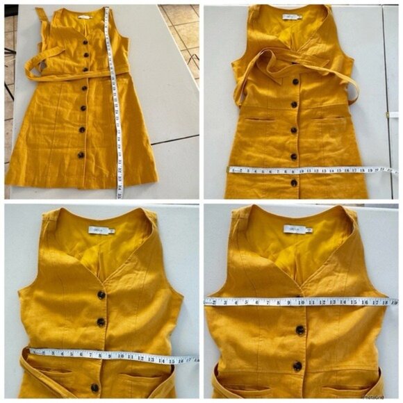 GREYLIN Linen Mustard Button-Down v neck tie waist mini Dress XS - Picture 5 of 6